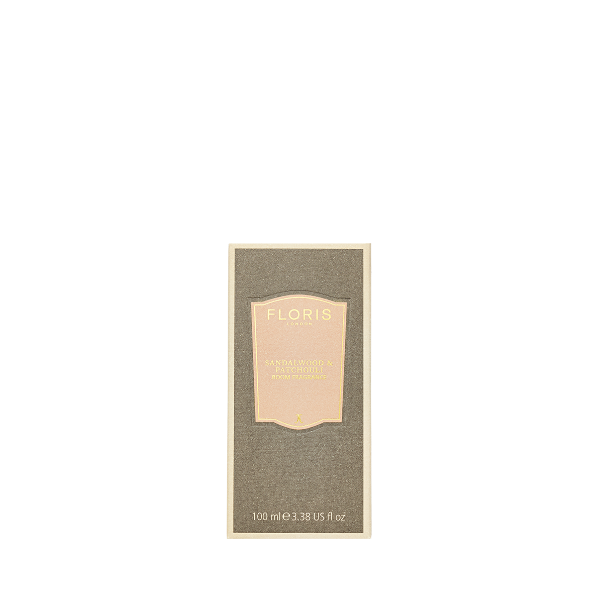 Rectangular Floris London box with a beige label and gold "Sandalwood & Patchouli" lettering suggests a rich, woody amber room fragrance.