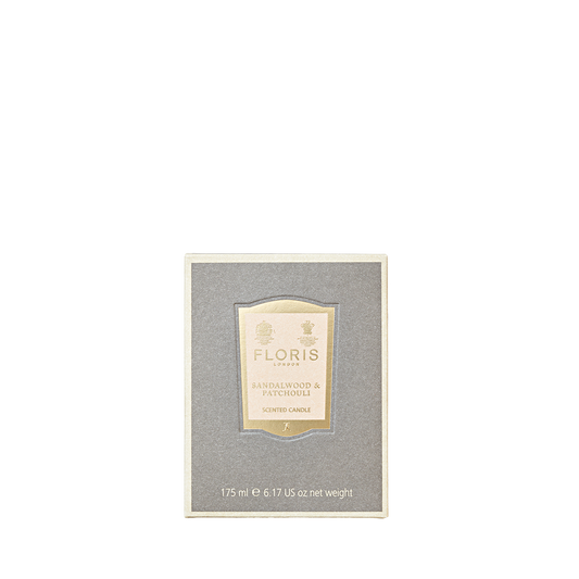 The Floris London Sandalwood & Patchouli Scented Candle 175g comes in a grey and gold box, hand poured with pure fragrance oils.
