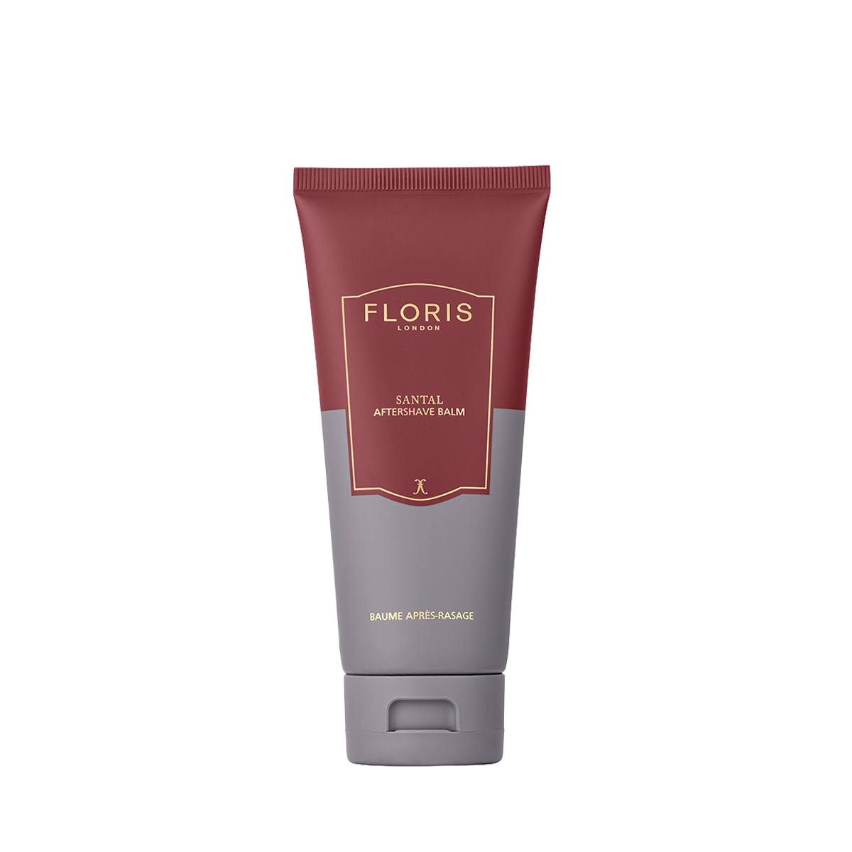 A 100ml tube of Floris London Santal Aftershave Balm sits on a white background, featuring a maroon and gray design.