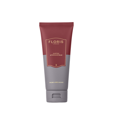A 100ml tube of Floris London Santal Aftershave Balm sits on a white background, featuring a maroon and gray design.