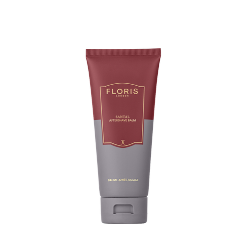 A tube of Floris London Santal - Aftershave Balm with a maroon and gray design, ideal for hydrating post-shave care on a white background.