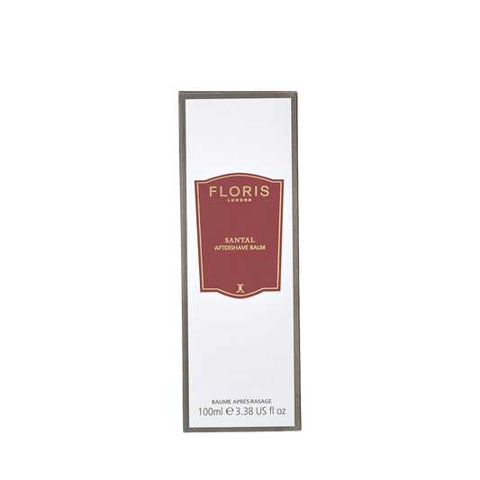 Floris London Santal - Aftershave Balm 100ml is a hydrating, alcohol-free balm in a white and red box, ideal for soothing skin after shaving.