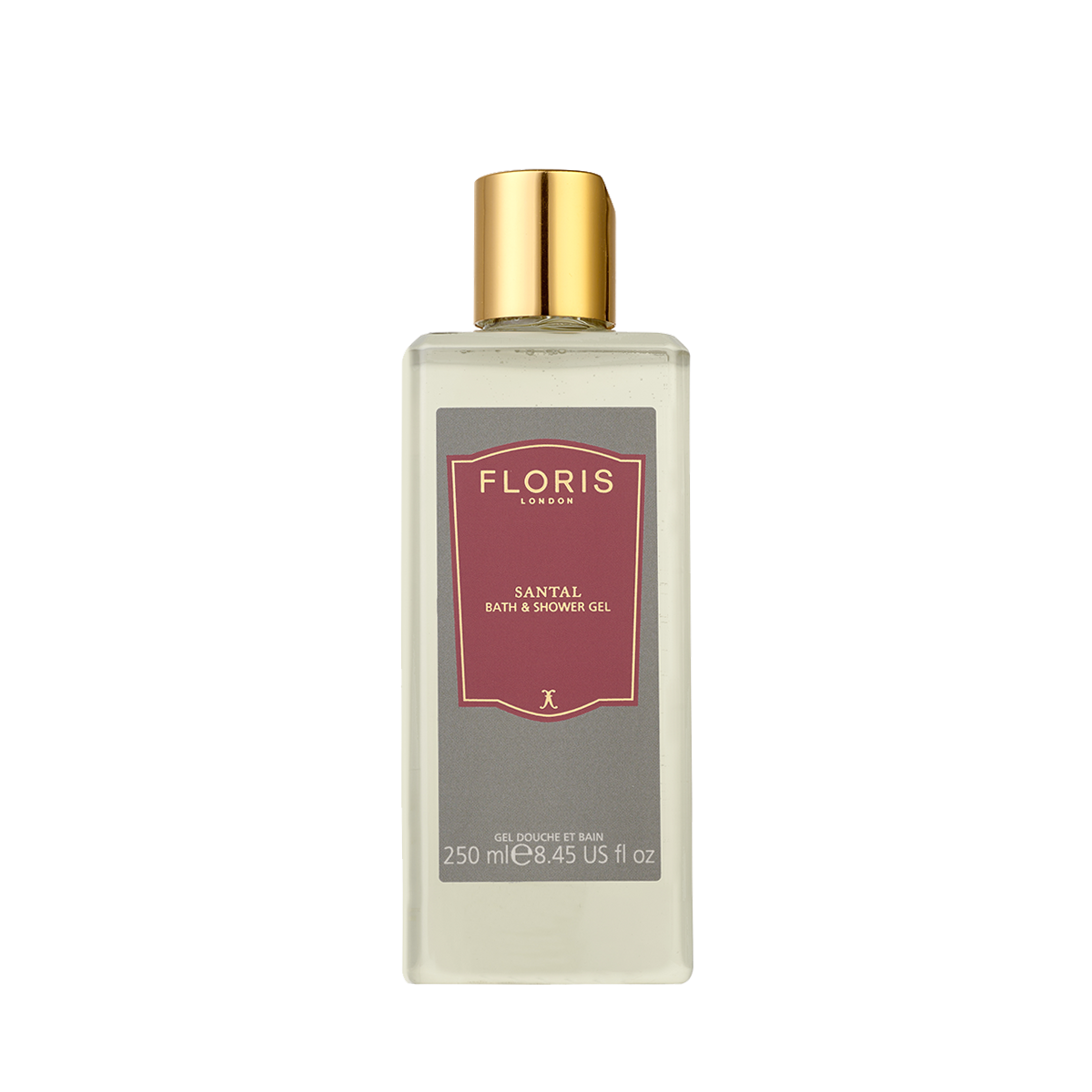 Clear 250ml bottle of Floris London UK Santal - Bath & Shower Gel featuring a gold cap and red label.