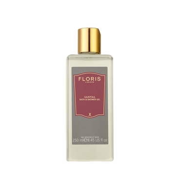 Clear 250ml bottle of Floris London UK Santal - Bath & Shower Gel featuring a gold cap and red label.