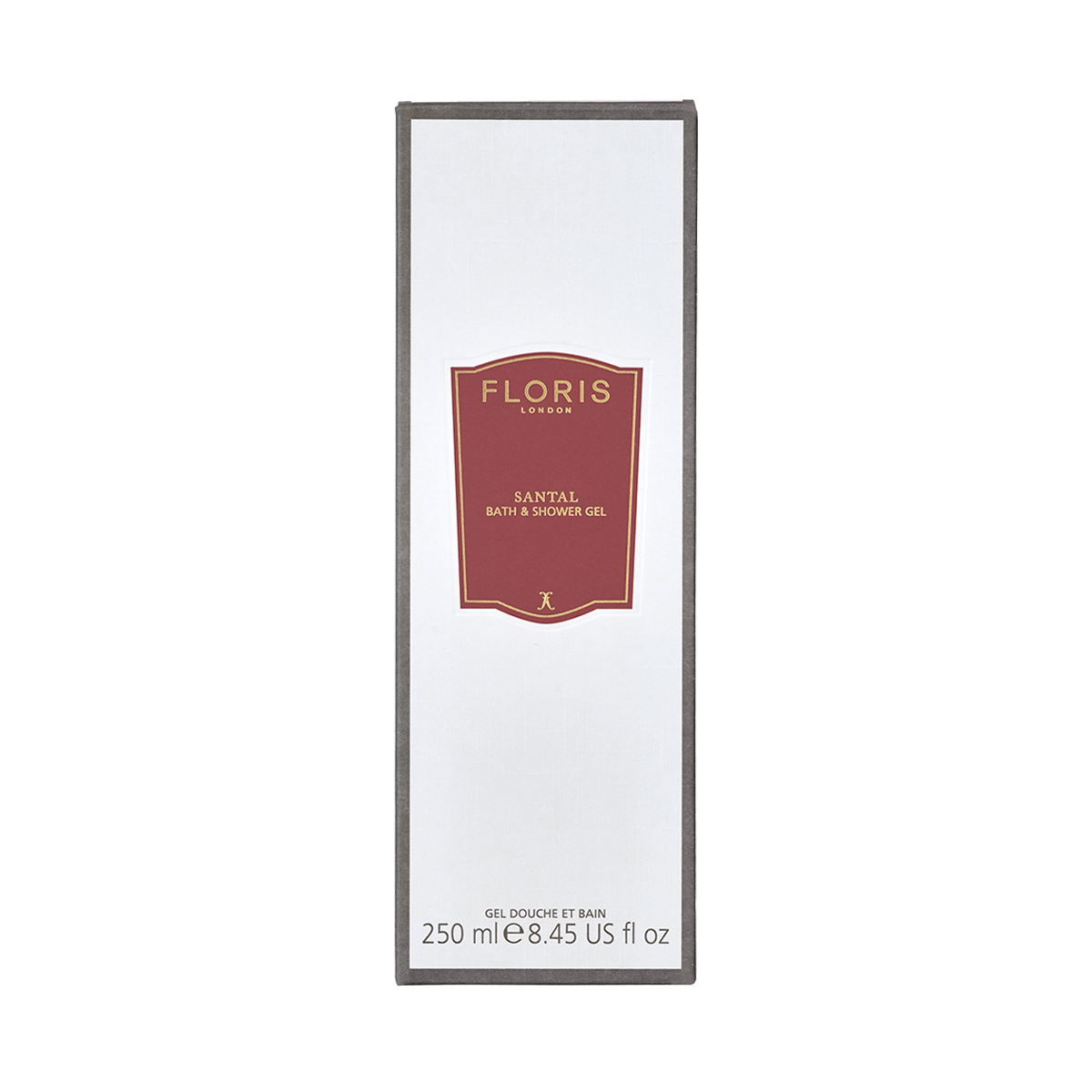 Front view of a Floris London UK Santal Bath & Shower Gel 250 ml box with a white and red label.