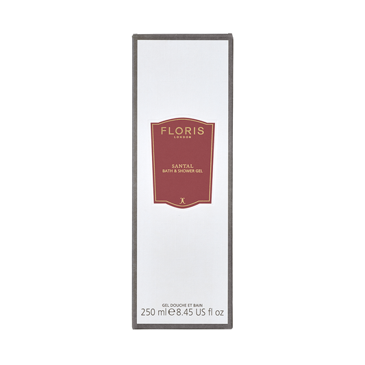 Front view of a Floris London UK Santal Bath & Shower Gel 250 ml box with a white and red label.