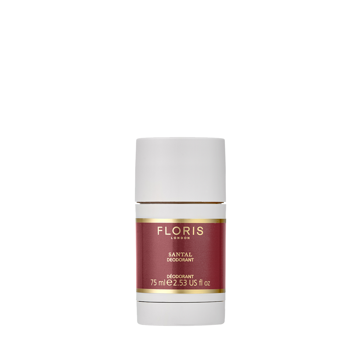 The Floris London Santal Deodorant Stick 75ml is an alcohol-free, white stick ideal for sensitive skin, shown with a red and gold label on white.