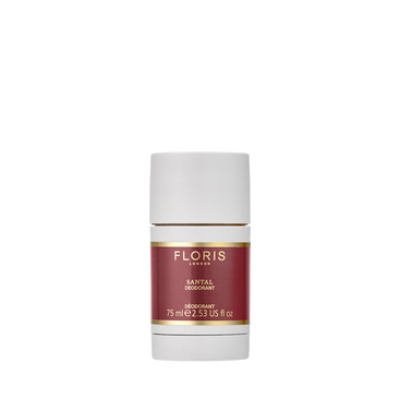 The Floris London Santal Deodorant Stick 75ml is an alcohol-free, white stick ideal for sensitive skin, shown with a red and gold label on white.