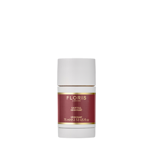 Floris London Santal Deodorant Stick 75ml, aluminium-free and perfect for sensitive skin, features a red and gold label on a white background.