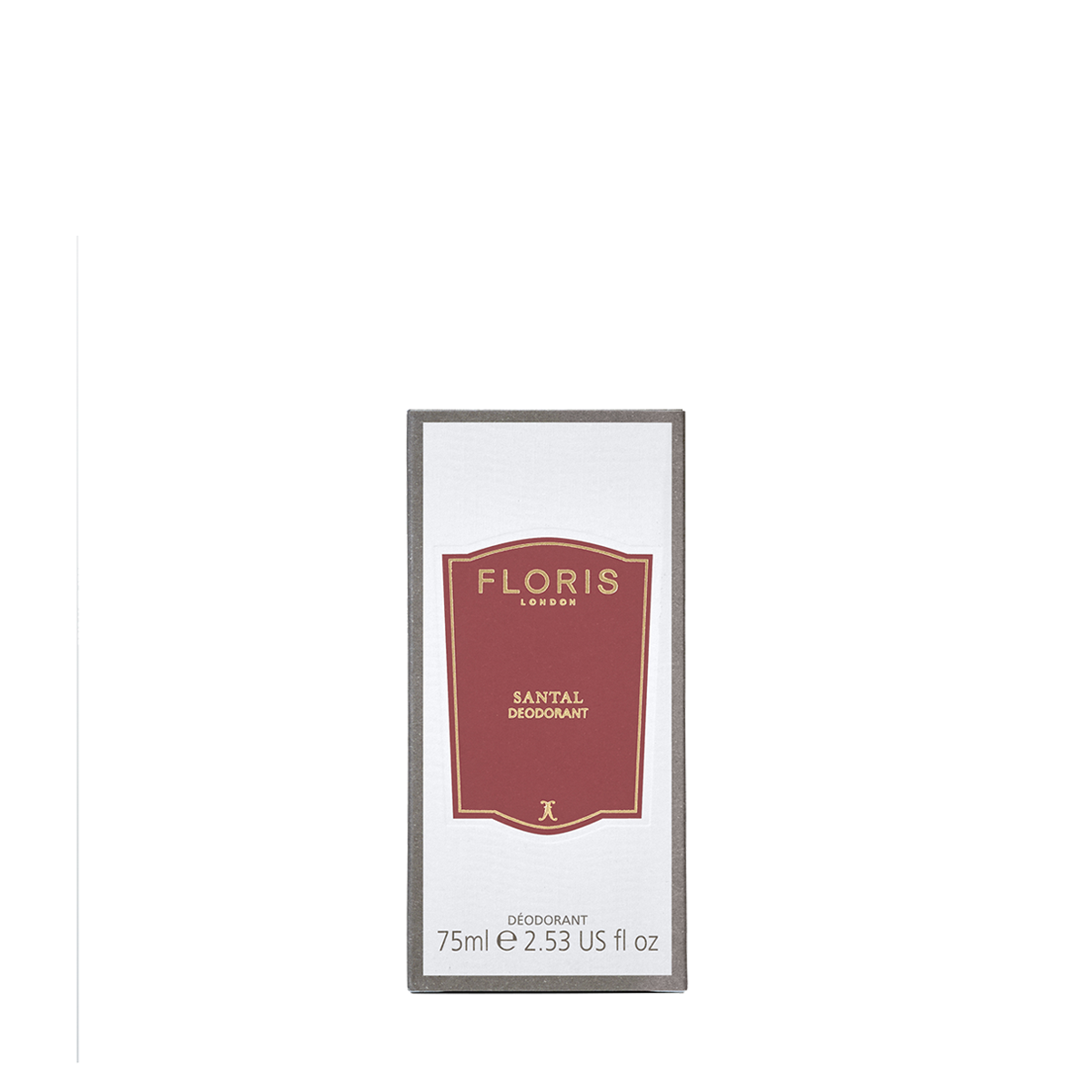 A 75ml Floris London Santal Deodorant Stick box with a red and gold label—alcohol-free and ideal for sensitive skin—on a white background.