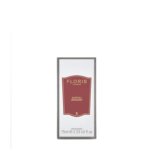 A 75ml Floris London Santal Deodorant Stick box with a red and gold label—alcohol-free and ideal for sensitive skin—on a white background.