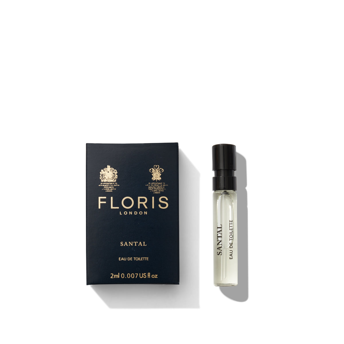 A small box and sample vial of Floris London Santal - Eau de Toilette, a distinctive woody fougère from the men's signature collection, set against a white background.