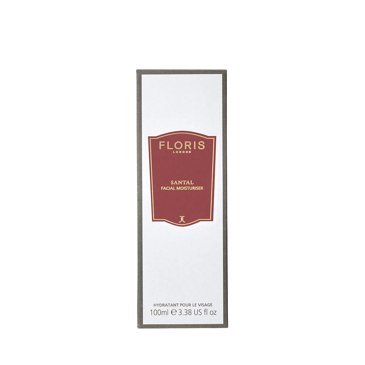 A white box of Floris London Santal - Facial Moisturiser, 100ml, a lightweight moisturiser with a red and gold label.