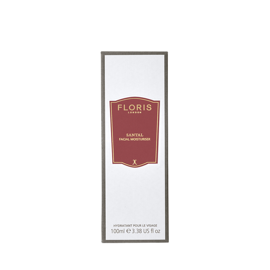 A white box of Floris London Santal - Facial Moisturiser, 100ml, a lightweight moisturiser with a red and gold label.