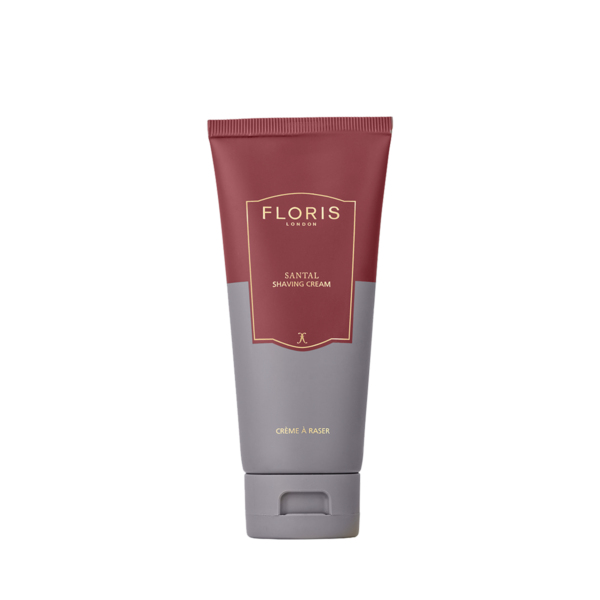 A tube of Floris London UK Santal Shaving Cream with a maroon and gray design, ideal for sensitive skin, displayed on a white background.