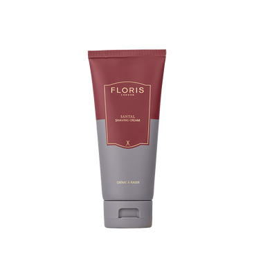 A tube of Floris London UK Santal Shaving Cream with a maroon and gray design, ideal for sensitive skin, displayed on a white background.
