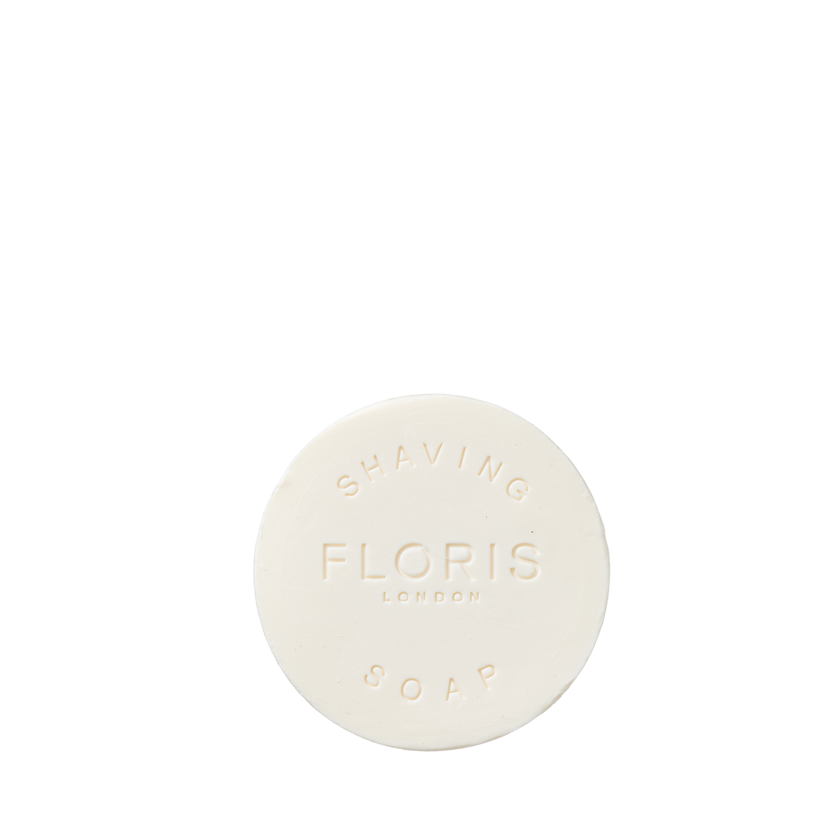 The Santal Shaving Soap Refill by Floris London is a round, white soap embossed with the logo, creating a creamy lather for a smooth, luxurious shave.