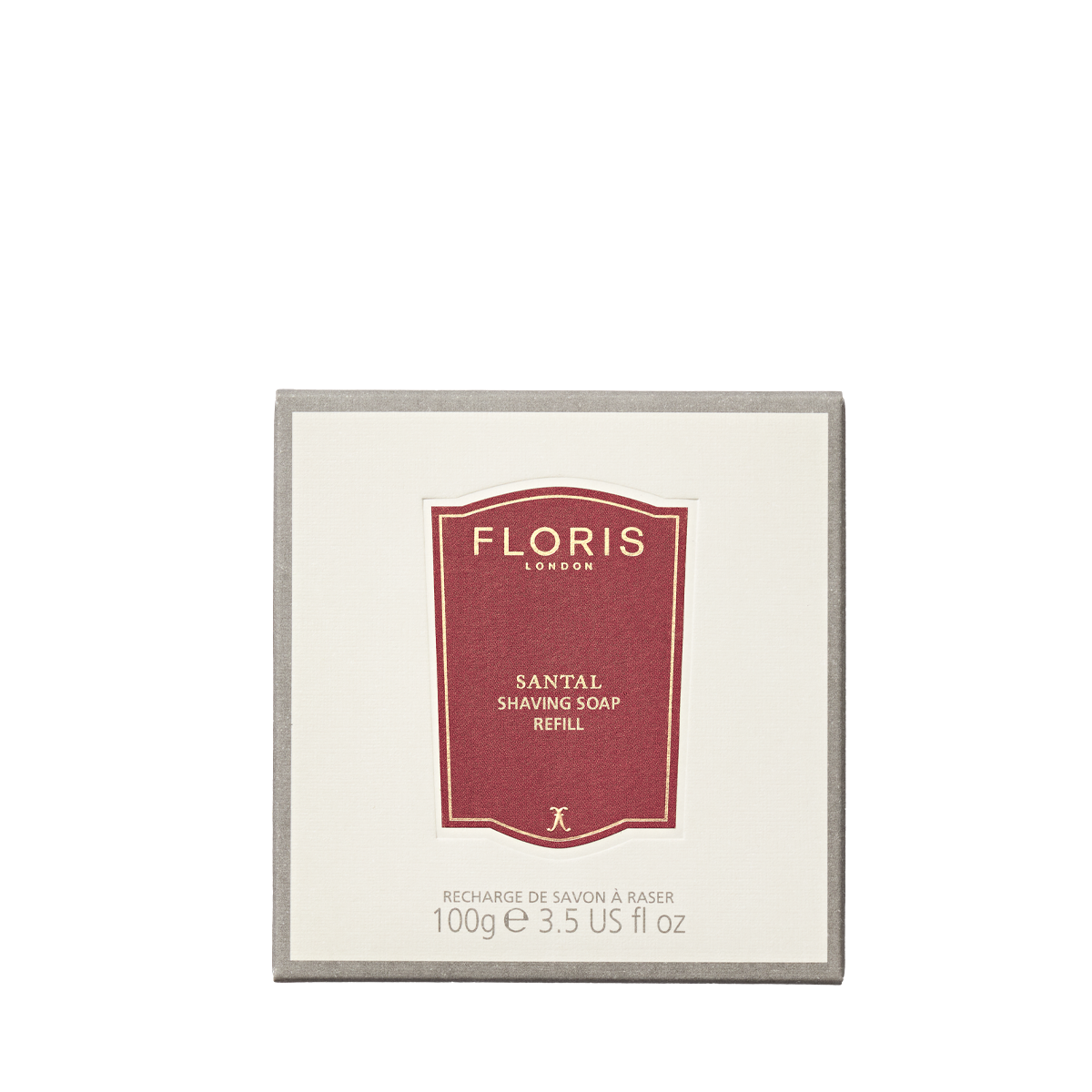 Floris London Santal Shaving Soap Refill, 100g, creates a creamy lather with shea butter and comes in a beige box with a red label.