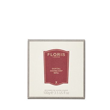 Floris London Santal Shaving Soap Refill, 100g, creates a creamy lather with shea butter and comes in a beige box with a red label.