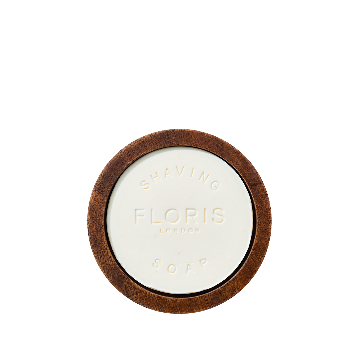 Santal Shaving Soap & Bowl by Floris London, round with shea butter in a wooden bowl, viewed from above on a white background.