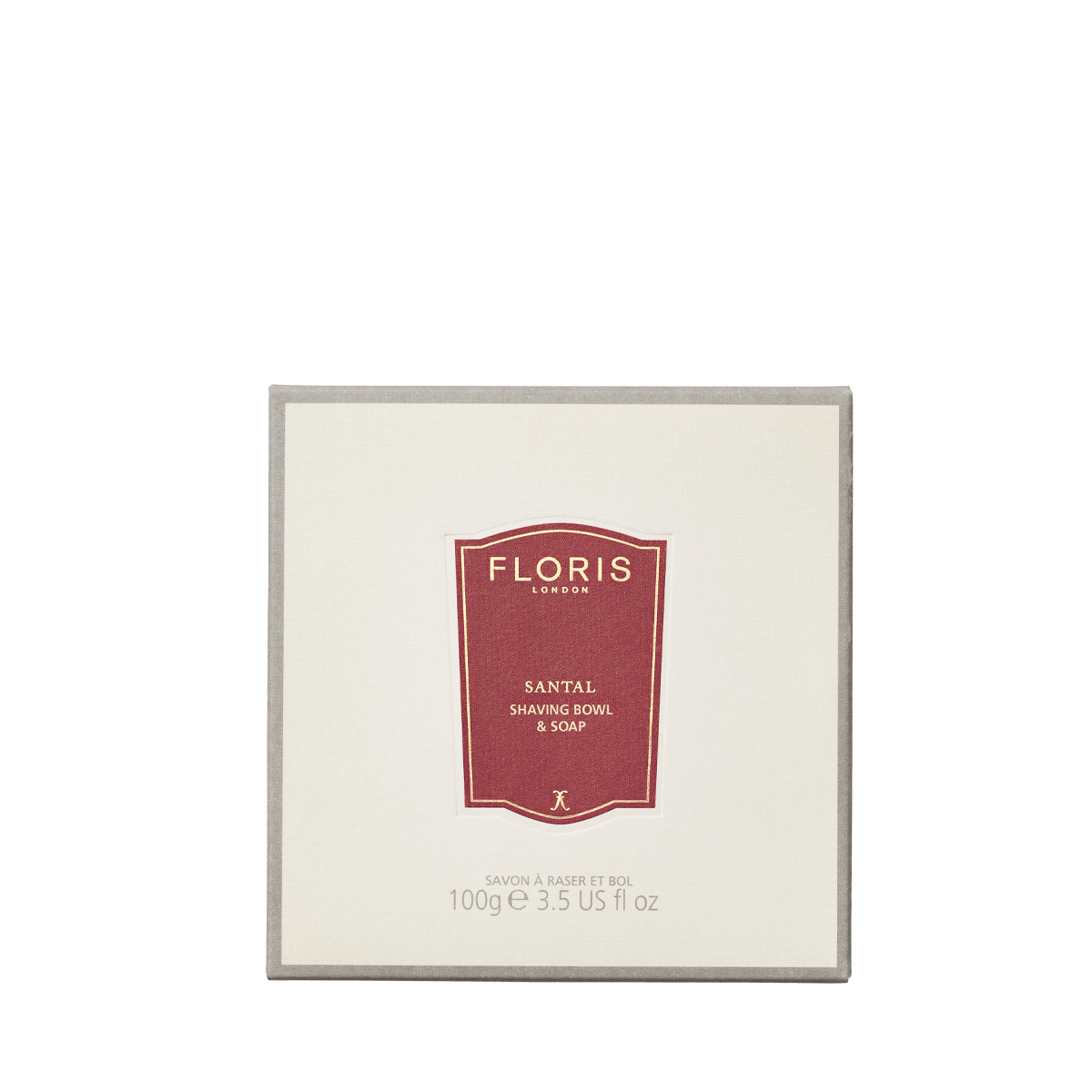 Floris London Santal - Shaving Soap & Bowl: 100g soap with shea butter in a wooden bowl, red label on cream background.