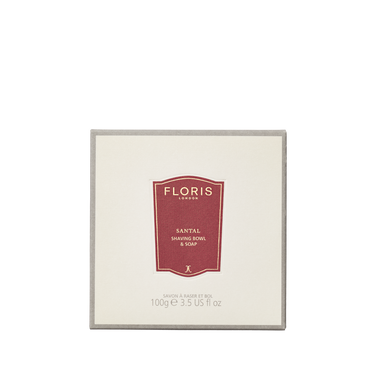 Floris London Santal - Shaving Soap & Bowl: 100g soap with shea butter in a wooden bowl, red label on cream background.