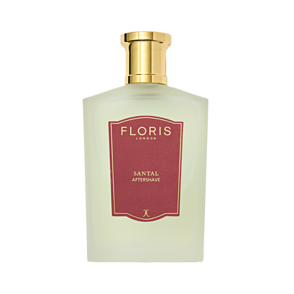 Floris London Santal - Aftershave 100ml features rich sandalwood and cedarwood notes, with a gold cap and a red label.
