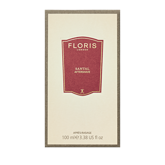 Floris London Santal - Aftershave 100ml comes in a cream box with a red label and gold text, featuring sandalwood and cedarwood notes.