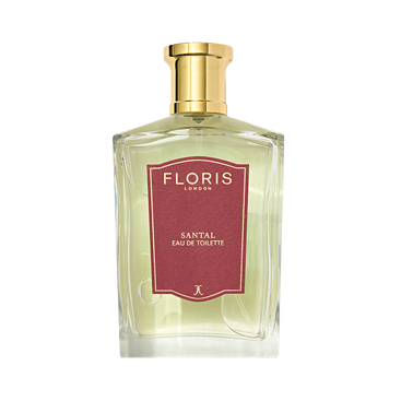 Clear glass bottle of Floris London Santal - Eau de Toilette, a woody fougère men's scent, with a gold cap and red label.