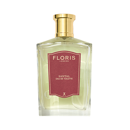 Clear glass bottle of Floris London Santal - Eau de Toilette, a woody fougère men's scent, with a gold cap and red label.