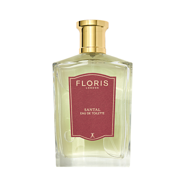 Floris London Santal Eau de Toilette, a men's fragrance with a gold cap and maroon label, features rich sandalwood notes.