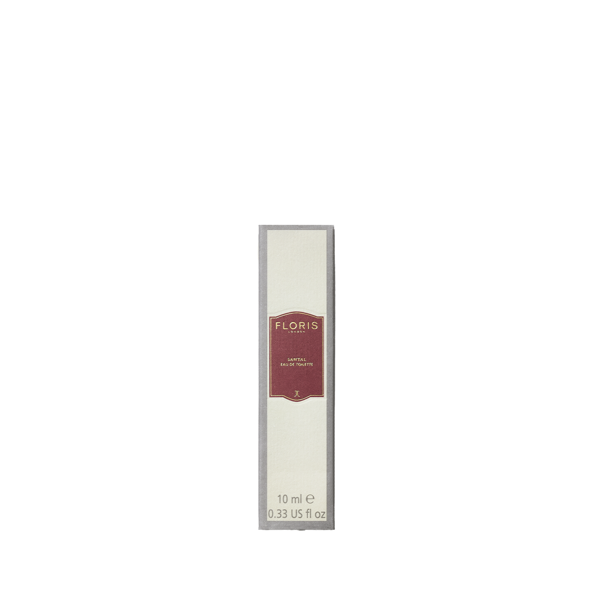 10ml tall rectangular perfume box with red Floris London label and gray border. Contains Santal - Eau de Toilette, a men's fragrance with sandalwood hints.