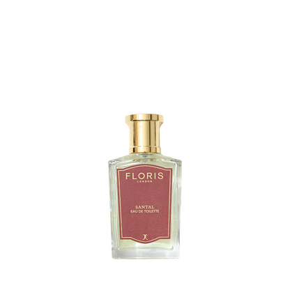 A Floris London Santal - Eau de Toilette bottle with a gold cap and red label, featuring a woody fougère sandalwood fragrance on a white background.