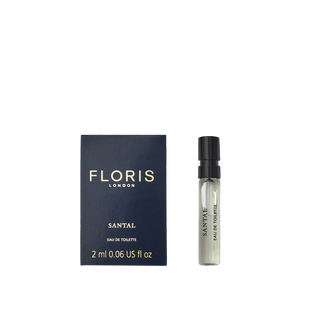 Floris London Santal - Eau de Toilette sample for men features a woody fougère scent in a dark blue box with a convenient spray vial.