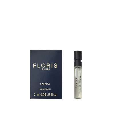 Floris London Santal - Eau de Toilette sample for men features a woody fougère scent in a dark blue box with a convenient spray vial.