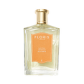 Clear perfume bottle labeled "Floris London Santal Intense - Eau de Parfum" with a gold cap, offering a modern sandalwood fragrance.
