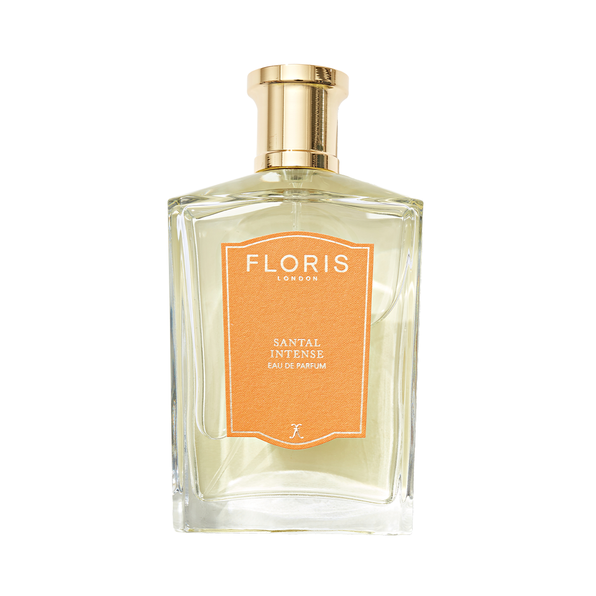Floris London's Santal Intense - Eau de Parfum comes in a gold-capped bottle with an orange label and offers rich sandalwood notes.
