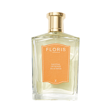 Floris London's Santal Intense - Eau de Parfum comes in a gold-capped bottle with an orange label and offers rich sandalwood notes.
