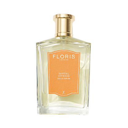 Floris London's Santal Intense - Eau de Parfum comes in a gold-capped bottle with an orange label and offers rich sandalwood notes.