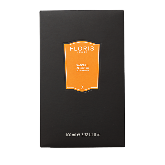Floris London Santal Intense Eau de Parfum, 100 ml—black box with orange label, white text, and contemporary sandalwood fragrance.