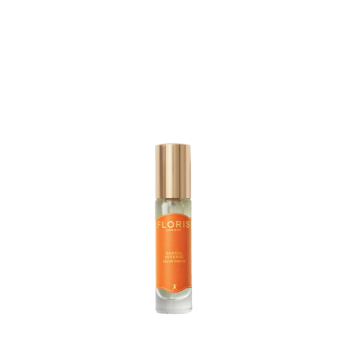 A small glass bottle of Floris London Santal Intense Eau de Parfum with a gold cap and orange label, displayed on a white background.