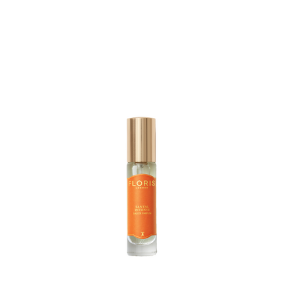 A small glass bottle of Floris London Santal Intense Eau de Parfum with a gold cap and orange label, displayed on a white background.