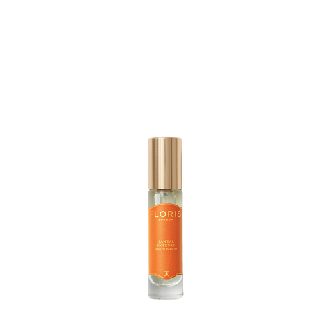 A small glass bottle of Floris London Santal Intense Eau de Parfum with a gold cap and orange label, displayed on a white background.
