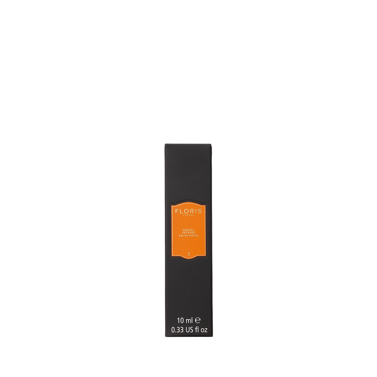 A black Floris London Santal Intense Eau de Parfum box with an orange label holds a 10 ml bottle of this contemporary sandalwood fragrance.