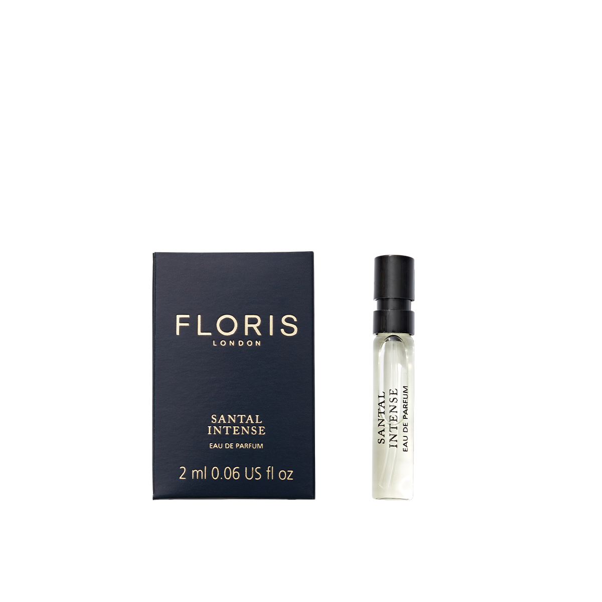 A 2ml sample vial of Floris London Santal Intense Eau de Parfum, shown next to its black and gold box—a contemporary sandalwood fragrance.