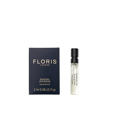 A 2ml sample vial of Floris London Santal Intense Eau de Parfum, shown next to its black and gold box—a contemporary sandalwood fragrance.