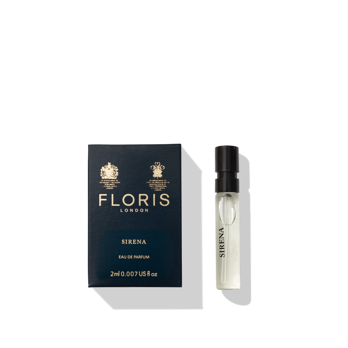 Box and vial of Sirena - Eau de Parfum by Floris London, 2ml—a sparkling floral marine fragrance that captures the essence of a feminine sea breeze.