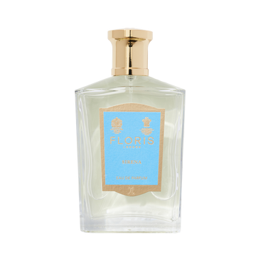 The Floris London Sirena - Eau de Parfum features a clear bottle with a gold cap, blue and gold label, and a fresh floral bergamot scent.