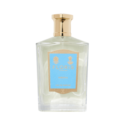 The Floris London Sirena - Eau de Parfum features a clear bottle with a gold cap, blue and gold label, and a fresh floral bergamot scent.