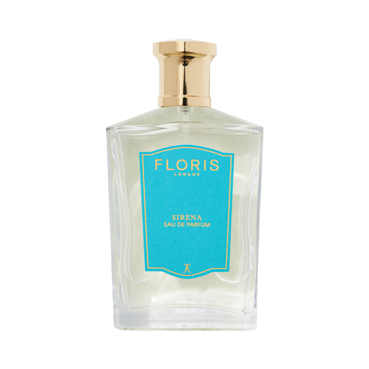 A clear glass “Sirena - Eau de Parfum” bottle by Floris London with a gold cap, blue and gold label, and a fresh, floral scent.